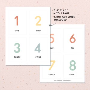 May include: Printable number cards with a pastel color scheme. The cards feature the numbers 1 through 8 with the corresponding word spelled out below each number. The cards are 3.5 inches by 4.5 inches and include faint cut lines.