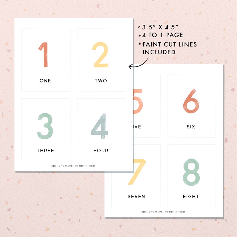 May include: Printable number cards with a pastel color scheme. The cards feature the numbers 1 through 8 with the corresponding word spelled out below each number. The cards are 3.5 inches by 4.5 inches and include faint cut lines.