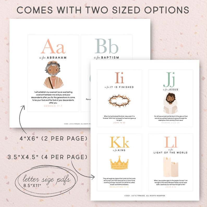 K&ouml;nnte beinhalten: Druckbarer Alphabet-Chart mit Illustrationen und Bibelversen. Der Chart zeigt die Buchstaben A bis L mit den entsprechenden W&ouml;rtern und Bibelversen. Der Chart ist in zwei Gr&ouml;&szlig;en erh&auml;ltlich: 10,16 x 15,24 cm (2 pro Seite) und 8,89 x 11,43 cm (4 pro Seite).