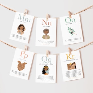K&ouml;nnte beinhalten: Ein Satz Alphabetkarten mit Illustrationen und Bibelversen. Jede Karte zeigt einen Buchstaben, eine Person oder ein Objekt sowie einen Bibelvers, der mit dem Buchstaben zusammenh&auml;ngt. Die Karten sind in verschiedenen Farben, darunter Blau, Gr&uuml;n, Rosa und Gelb.