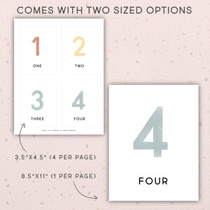 May include: Printable number cards in two sizes. The smaller cards are 3.5 inches by 4.5 inches and feature four cards per page. The larger cards are 8.5 inches by 11 inches and feature one card per page. The cards feature the numbers 1 through 4 with the corresponding word written below each number. The numbers are in a variety of colors, including peach, yellow, green, and blue.