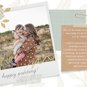 May include: A woman and a young child are smiling and hugging in a desert landscape. The image is framed with a white border and a floral design. The text "happy printing!" is written on a piece of tape at the bottom of the image. The text "HELLO MY NAME IS AMANDA AND WELCOME TO MY ETSY SHOP LILY & THREADS! I CREATE EARLY EDUCATIONAL PRINTABLES FOR YOUR CLASSROOM, HOME, NURSERY OR PLAYROOM AS A MOTHER OF TWO TODDLERS MYSELF, I FIND MY INSPIRATION DAILY FROM WATCHING THEM LEARN AND EXPLORE!" is written on a piece of brown paper.