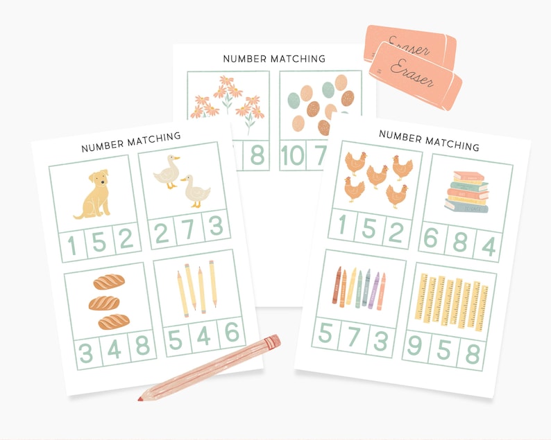 May include: A printable set of four number matching cards with various illustrations, including a dog, ducks, flowers, eggs, chickens, books, crayons, and pencils. The cards have the text "NUMBER MATCHING" at the top and numbers 1 through 10.