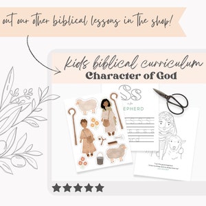 May include: A printable kids' biblical curriculum worksheet featuring the character of God as a shepherd. The worksheet includes a coloring page, a letter tracing activity, and cut-out pieces to create a shepherd doll.