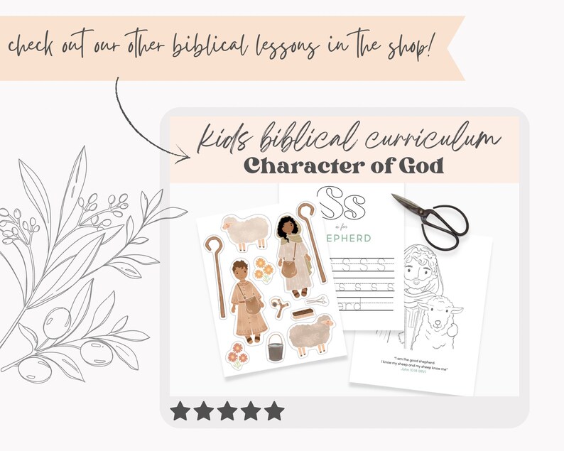 May include: A printable kids' biblical curriculum worksheet featuring the character of God as a shepherd. The worksheet includes a coloring page, a letter tracing activity, and cut-out pieces to create a shepherd doll.