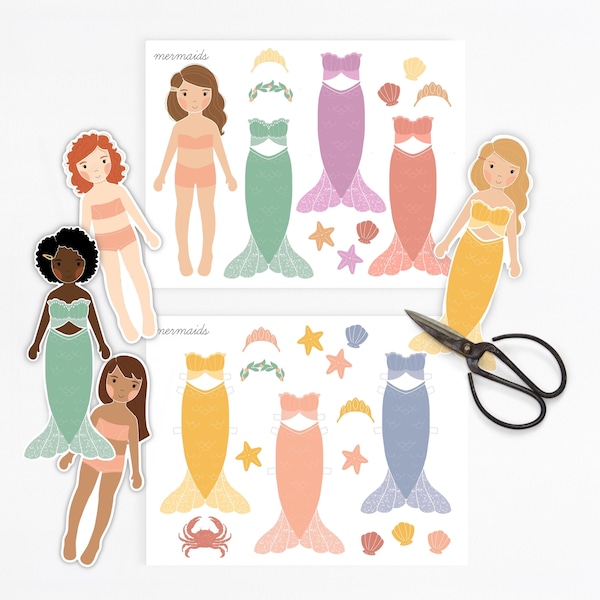 Mermaid Paper Dolls Printable Activity Craft Mermaid Birthday Part Gift Princess Party Favor Homeschool Kindergarten Montessori