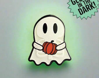 Ghosty Skeleton with Pumpkin Pin - Glows in the dark!