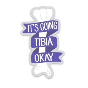 May include: A white bone-shaped sticker with a purple banner that reads "IT'S GOING TIBIA OKAY". The sticker has a grey outline and is on a white background. The design is a humorous take on a medical pun.