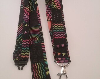 fabric Lanyard Black festival pattern breakaway clip handmade ID badge key holder swivel clasp unique gift coloured dots stripes spirals