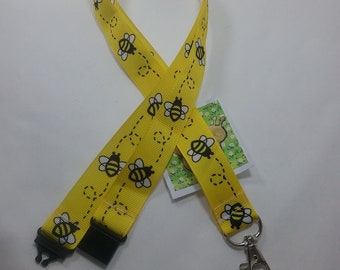 40" Lanyard Yellow Honey bumble Bee ribbon ID badge holder safety breakaway fastener and swivel lobster clasp Beekeeper gift Manchester Bee