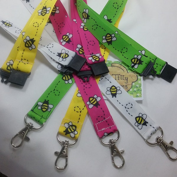 40" Lanyard Bright yellow cerise pink white or green Honey bumble Bee ribbon ID badge holder safety breakaway & fastener Manchester Bee