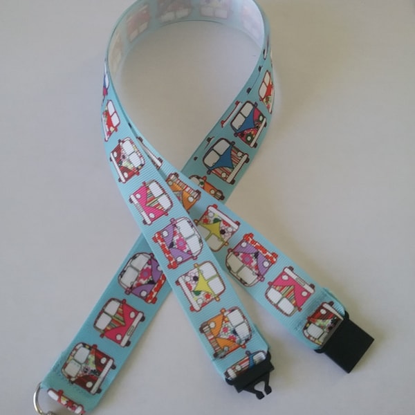Blue campervan holiday van pattern ribbon Lanyard whistle ID badge holder safety breakaway clip handmade birthday Christmas gift