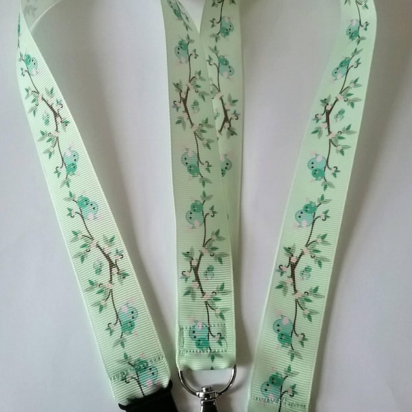 Lanyard Green cute birds ribbon whistle ID badge holder  breakaway fastener swivel lobster clasp handmade birthday teacher or nurse landyard