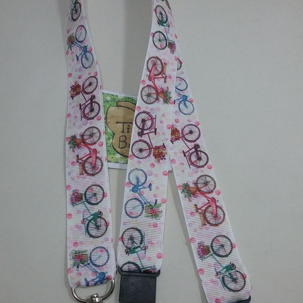 Lanyard Pushbike Bicycle floral basket pink ribbon whistle ID badge holder safety fastener swivel lobster clasp handmade gift student