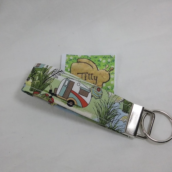 Handmade key fob approx 4" vintage Caravan patterned Fabric thumb keyring zip pull or bag tag teacher gift caravanner camper gift idea