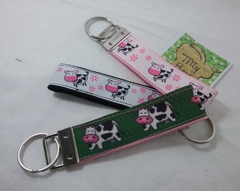 Handmade key fob Cartoon Cows pattern Ribbon/webbing keyfob thumb keyring zip pull bag tag teacher gift farm animal cute key ring