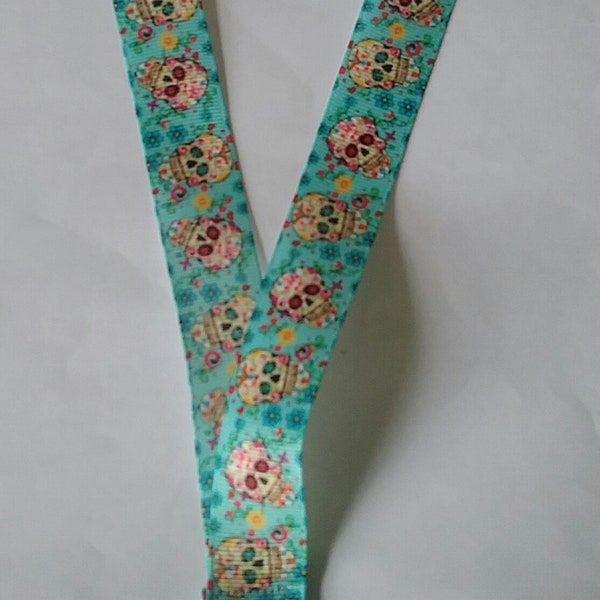 Lanyard - Turquoise blue sugar skull ribbon ID badge key holder safety breakaway fastener handmade teacher Christmas gift  day of dead