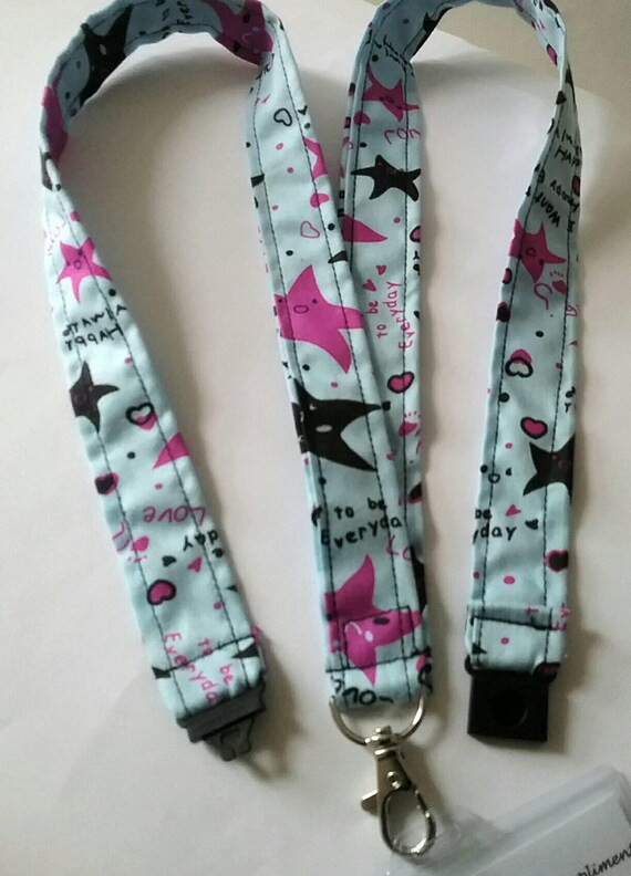 Handmade blue pink stars Fabric lanyard ID badge holder safety clip xmas gift