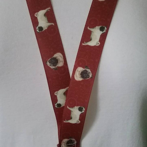 PUG puppy dog rusty red ribbon Lanyard keychain ID badge holder safety breakaway fastener swivel lobster clip handmade birthday teacher gift