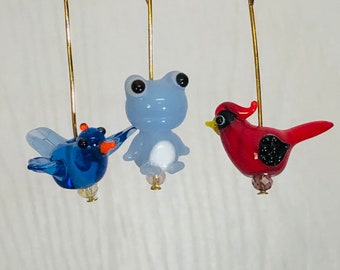 Lampwork Sculpture Beads, Blue Frog, Red Cardinal, Blue Bird Lampwork Glass Beads