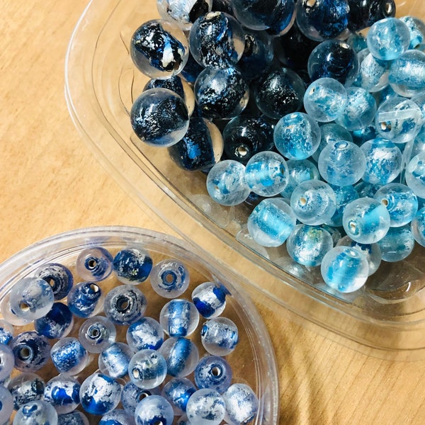 Lampwork Glass Beads, Blue-Blk, Clear Blue, Clr Black or Turquoise Foil Beads for DIY Jewelry Supply // 6, 7, 10, 12mm Beads for DIY Jewelry