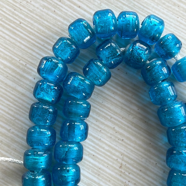 Turquoise Glass Pony Beads, 12X9mm | Dark Turquoise Foil Glass Bead, 5mm ID Large Hole DIY 15" Strand