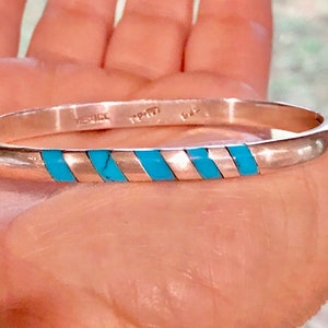 Bracelet, Vintage Turquoise Inlay Bangle Bracelet, Mexico Handmade Solid Sterling Cuff Bracelet, Old Pawn, 7.1&quot; Turquoise, Stamped