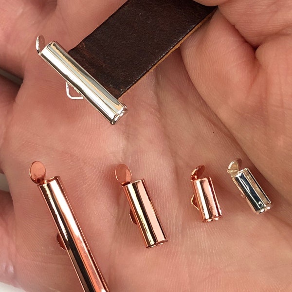 Tube End Bars, Sterling Silver, Silverplate, GoldPl, Copper, assorted sizes | Glue-in & Crimp End Cap Connectors for Flat cord, ribbon