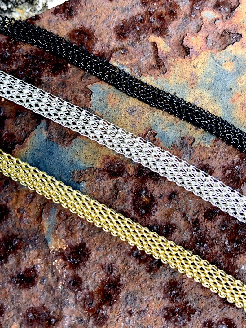 Knitted Wire Viking Mesh Chain by the Foot Copper, Silver, Black, Gold, Round, Flat Knitted Wire Mesh Tube, Slider Chain for DIY Jewelry 24 Inches
