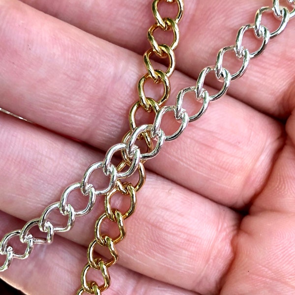 6mm Gold or Silver Curb Chain by the Foot | Chunky Gold or Silverplate Chain | Thick Heavy Steel Curb Chain | Strong Chain Unfinished