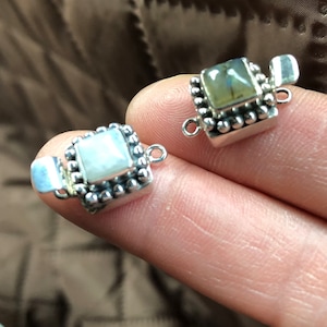 Clasp, tab, Moonstone or Labradorite, sterling silver, beaded square, 11x11mm | gemstone tab clasp,  antiqued 925 sterling, closed loops