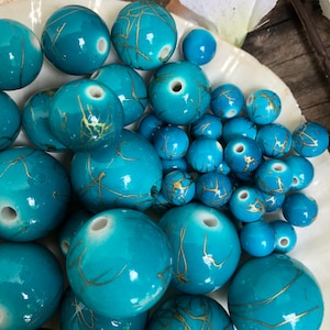 Large Turquoise Beads, Acrylic, Set of 5 26mm Turquoise and Gold Beads | 3 Sizes, 26, 18, 10mm Lots of 5, 8 & 10 DIY Jewelry