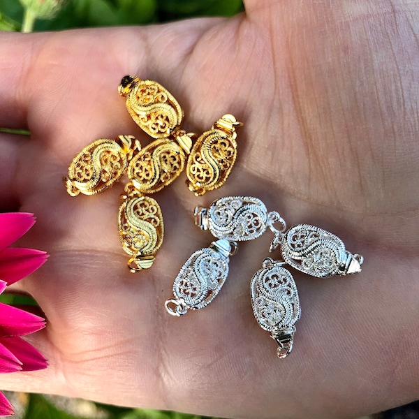 Clasp, Tab, Filigree Oval, Gold or SilverPlated Box Clasp / Clasps for 1,2 or 3 Strands /Silver or Gold Box Clasp Multi-Strand Safety Unisex