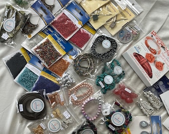 Jewelry Supply Assortment, Grab Bag 2, beading supplies, DIY jewelry starter kit, semi-precious gemstones, drops, clasps, findings, cordage