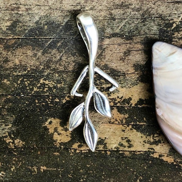 Large Bail, Long Leaf Branch, Sterling Silver for Top-drilled | 925 Leaf Branch Pinch Bails for Stones, Cabs, Pendants | DIY Jewelry Bails