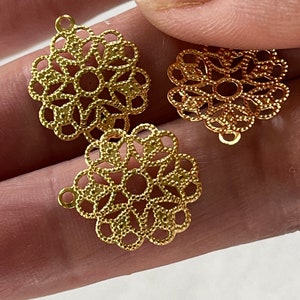 Charm Drop, 10 Pcs | Set of 10 Filigree Flower Pendant Drop GLP | Goldplated Flower Charm, 15x15mm for DIY Jewelry