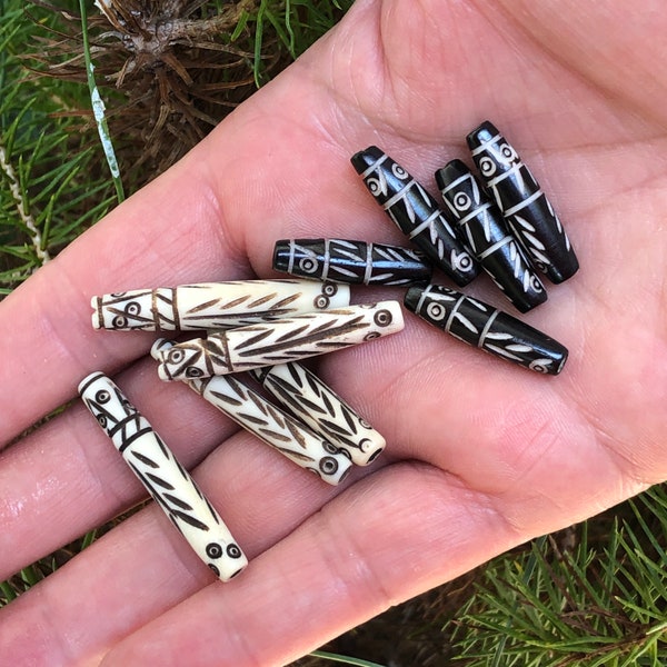 Bone Bead, Handcut Hairpipe, White & Antique Brown, 1-1/2" or Black and White, 1” | Carved Long Tube Beads for DIY Southwestern, 5pcs