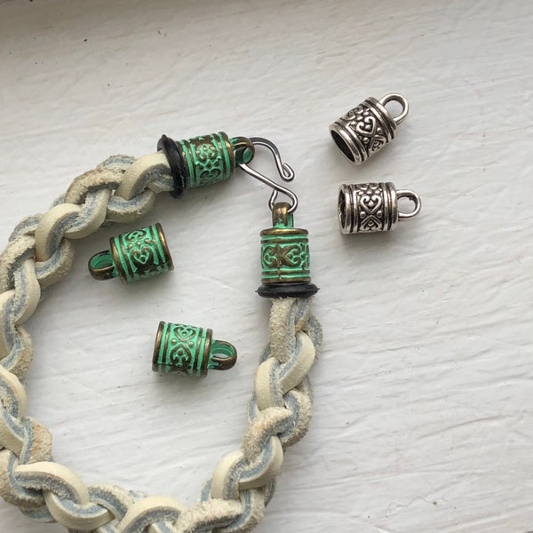 Cord End, Round, Silver or Green Patina, Glue-In 11x10mm 7.5 ID | Large Barrel Connector for Rope, Braided Leather, Multi-strand, Kumihimo