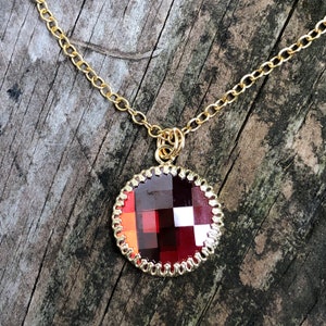 Red & Gold Crystal Filigree Necklace, Checkerboard Cabochon, Filigree Setting, Gold over Brass 18” Chain, Handmade Gift, Austrian Crystal