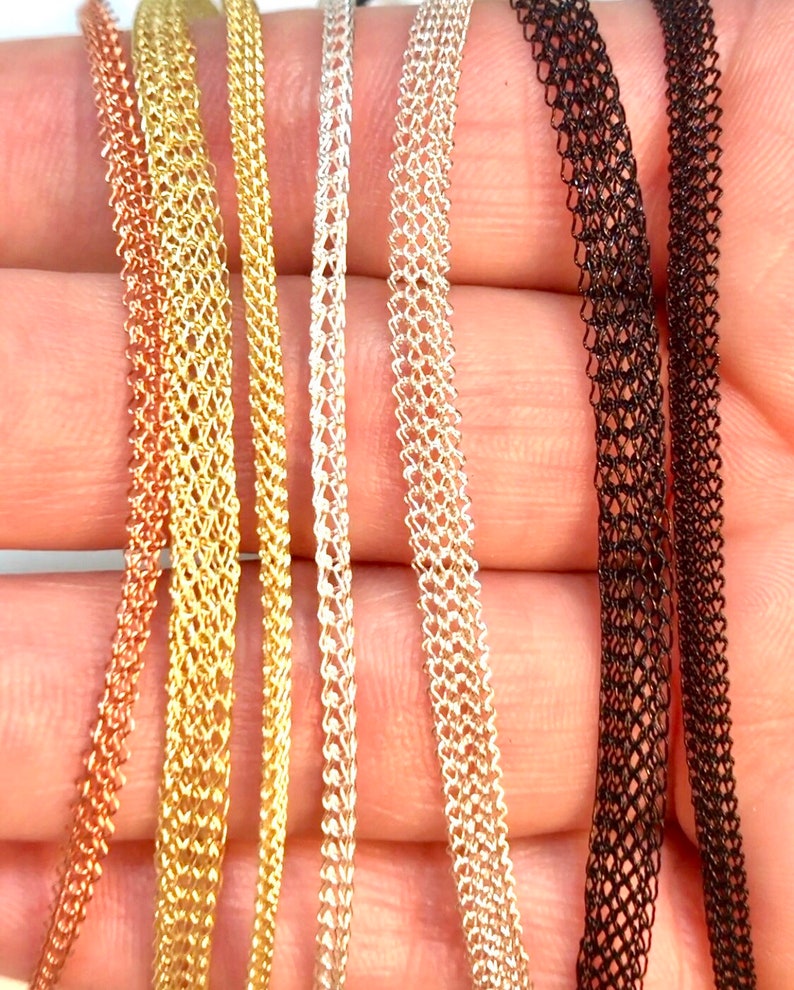 Knitted Wire Viking Mesh Chain by the Foot Copper, Silver, Black, Gold, Round, Flat Knitted Wire Mesh Tube, Slider Chain for DIY Jewelry image 1