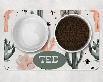 Tapete de comida personalizado con diseño de cactus para mascotas, mantel individual estilo country western para gatos y perros, regalo personalizado de estilo rústico desértico para mascotas, tapete para comedero personalizado para perros