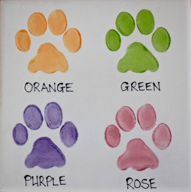 May include: Four paw prints painted in different colors: orange, green, purple, and rose. Each paw print has the color name written below it.