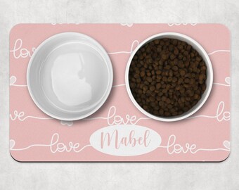 Personalised Valentine Pet Bowl Mat, Love Heart Dog Placemat, Non Slip Washable Food Mat for Dogs & Cats, Cute Pet Gift, Pastel dog bowl mat
