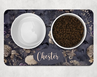 Personalised Gothic Pet Placemat, Dark Floral and Bat Design, Custom Dog & Cat Feeding Mat, Spooky Pet Décor Gift, Dog bowl mat, Cat mat