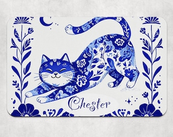 Personalised Cat Placemat, Blue Chinoiserie Style Cat Feeding Mat, Custom Cat Bowl Mat, Unique Gift for Cat Lovers, Personalised Cat Gift