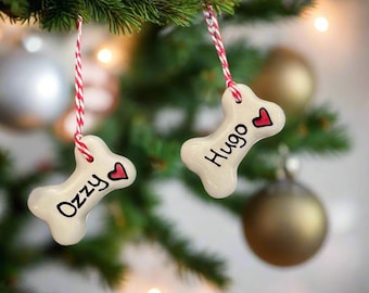 Small Dog Christmas decoration, personalised Christmas decoration, dog bone hanging decoration, personalised ceramic bone, gift for dogs