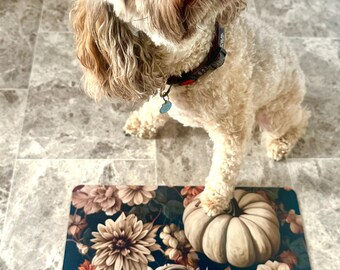 Personalised Halloween Pet Bowl Mat, Pumpkin Floral Dog Placemat, Non Slip Washable Food Mat for Dogs, Fall Pet Gift, Stylish Pet bowl mat