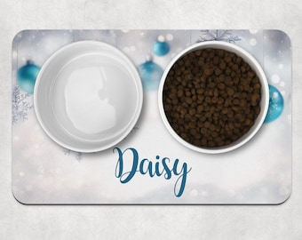 Personalised Christmas Pet Feeding Mat, Blue Baubles and Snowflakes Design, Custom Cat & Dog Bowl Placemat, Holiday Pet Gift, Dog Christmas
