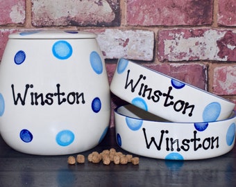 Large personalised dog set, Ceramic dog bowls set, personalised dog bowl, custom dog set, custom dog bowls, dog treat jar, dog food canister