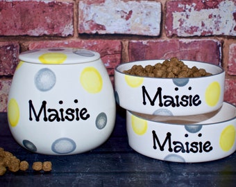 Personalised dog bowl set, personalised cat bowl set, custom dog bowls, cat bowls, ceramic dog bowls, cat bowl with name, dog treat jar